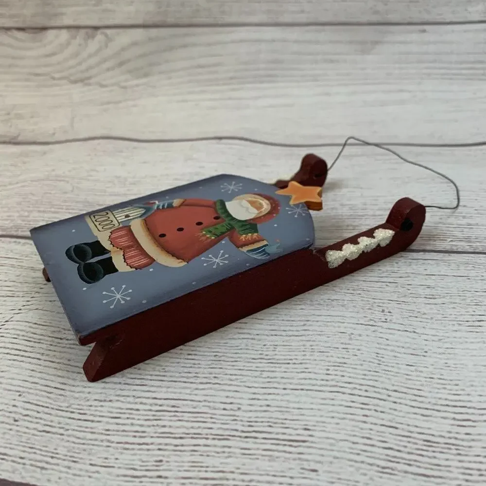 Wood Santa Clause Sled Christmas Ornament Hand Painted Birdhouse Snow 2000